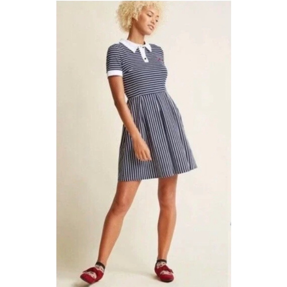 ModCloth Striped Polo Dress Womens XL Navy Blue White Short Sleeve Preppy
